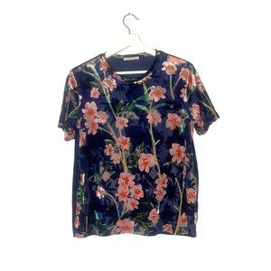 Zara Floral Velvet Burnout T-shirt Blouse Size Medium Colourful